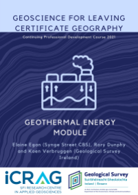 Cover page for Geothermal Energy Module. The main image depicts a simplified geothermal energy powerplant with geothermal fluid leaving and re-entering the plant.